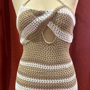 Elegant Tan and White Crochet Swim Cover-Up